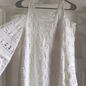 Sugar + Lips White Crochet Lace Up Cold Shoulder Mini Dress